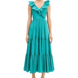 Vneck Sleeveless Ruffle Tiered Poplin Dress In Fiji Green